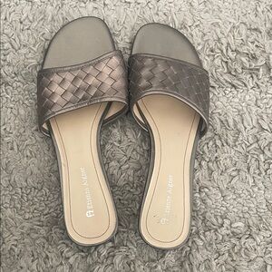 Etienne Aigner Woven Metallic Grey Slide Sandals, 7.5, GUC